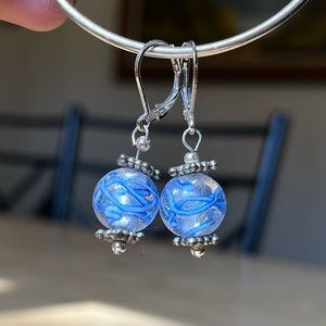 silver earrings with blue bead